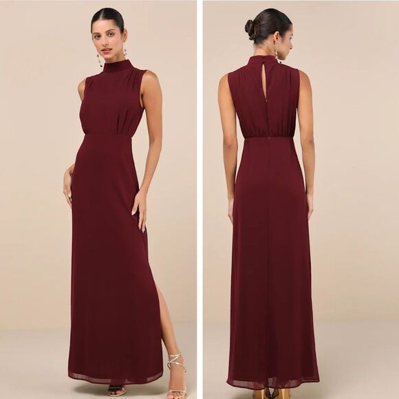 Lulus Classic Elegance Plum Chiffon Sleeveless Mock Neck Maxi Dress Large NWT - Picture 1 of 8